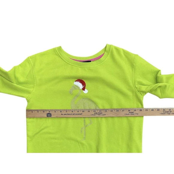 Christmas Flamingo Crew Neck Sweatshirt Women’s Size Small Lime Green Santa Hat - Picture 6 of 6